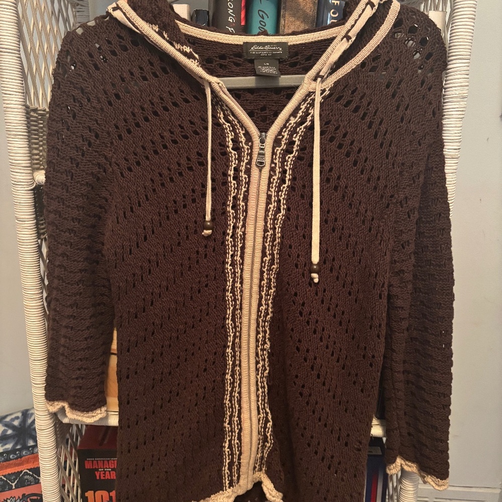 Brown crochet zip up jacket Eddie bauer